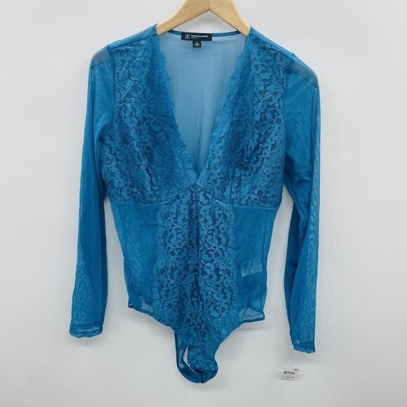 INC International Concepts Womens XL Long-Sleeve Lace Mesh Bodysuit Blue 891 - Picture 2 of 9